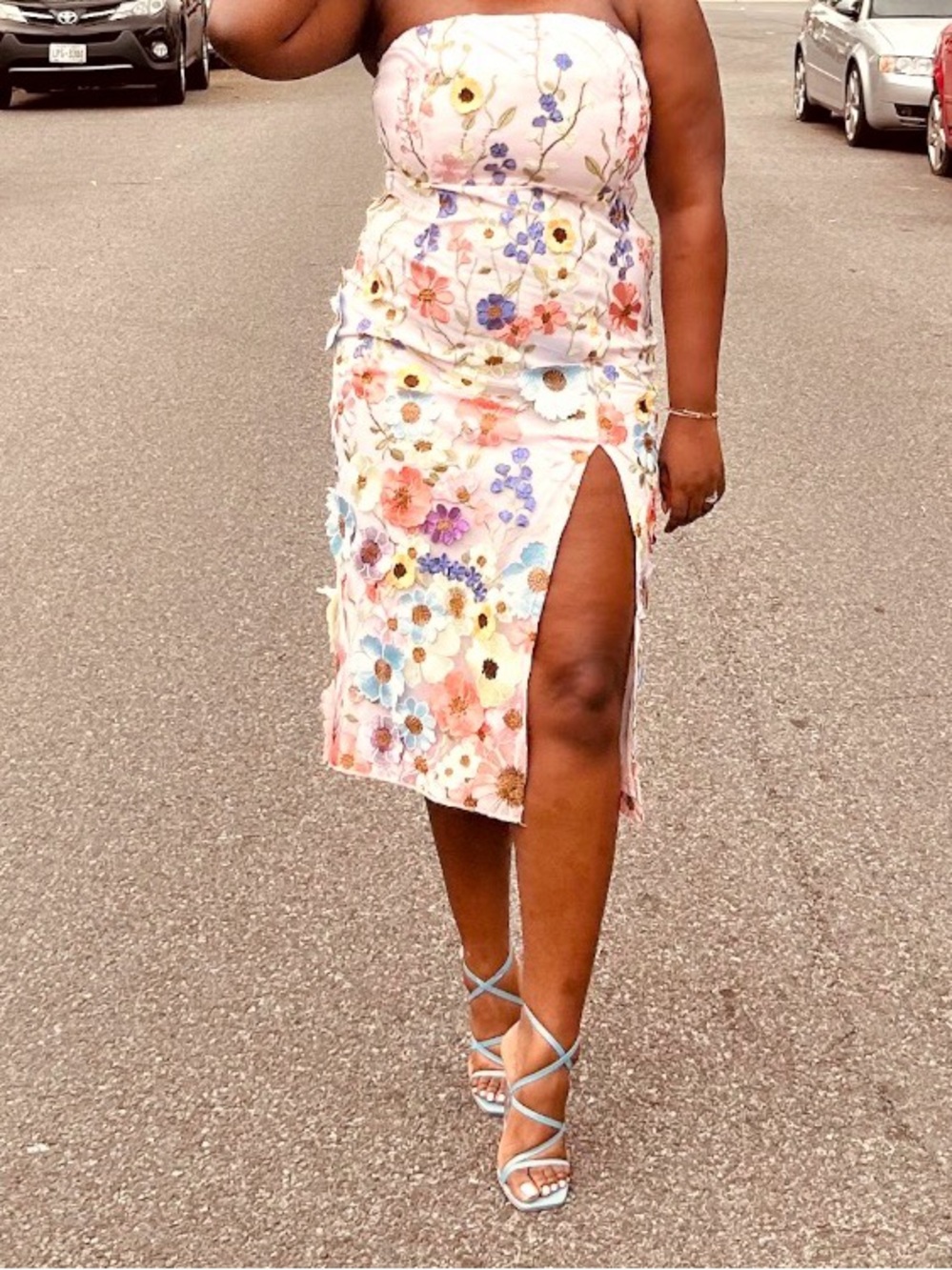 Floral Strapless Midi Skirt with Side Slit - Pink Floral